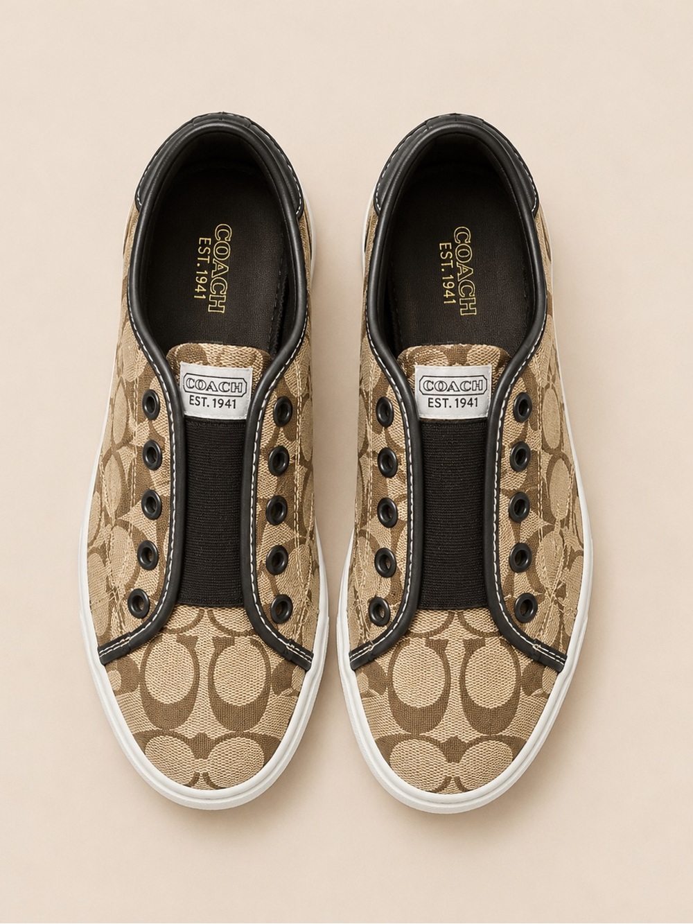 Coach Slip-On Sneakers in Tan and Brown Signature Canvas